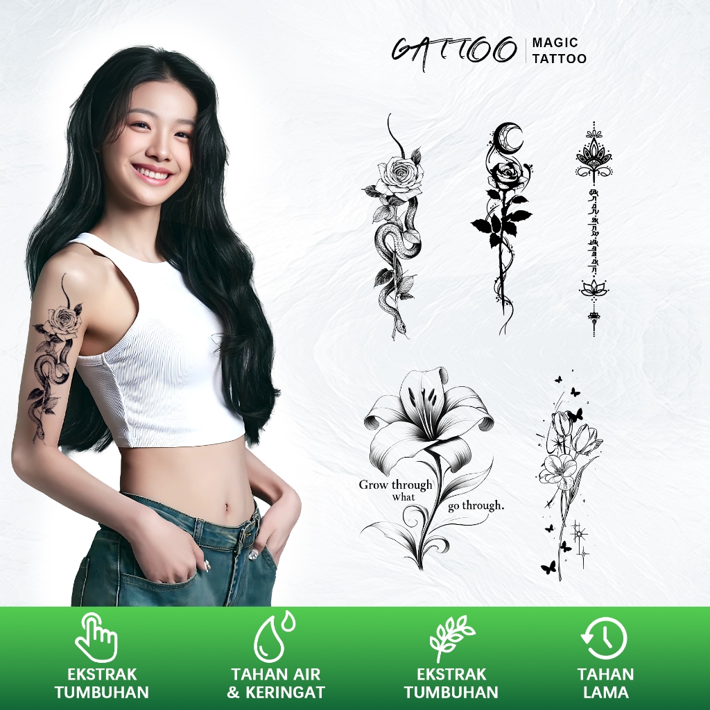 GATTOO Y06 [Kombinasi Bunga Sederhana] Dekorasi Seni Stiker Tato untuk Pria dan Wanita Aksesoris mod