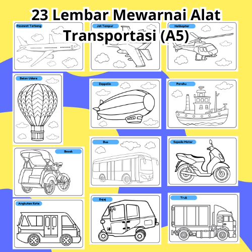 23 Lembar Kertas Mewarnai Alat Transportasi Ukuran A5