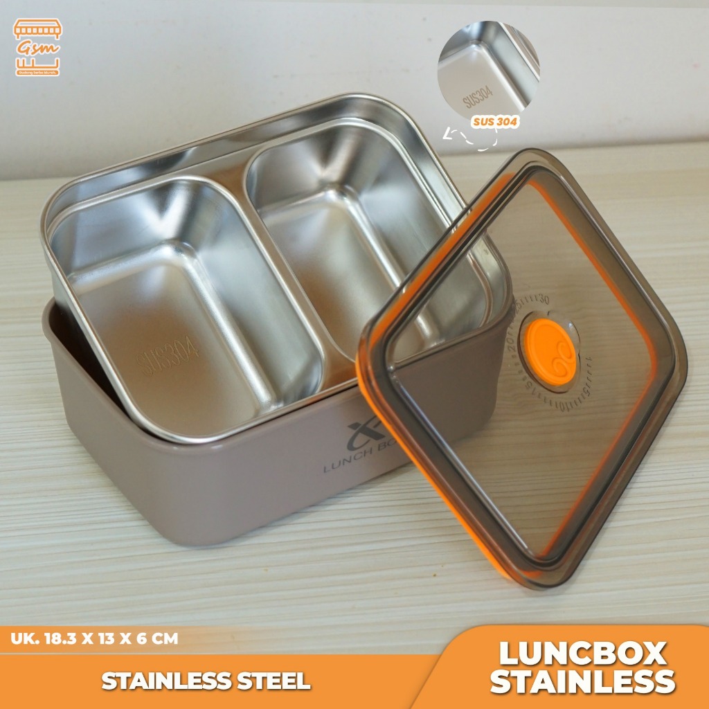 GSM lunch box Bento 2 sekat Kedap udara Tahan Bocor Stainless Lunch Box
