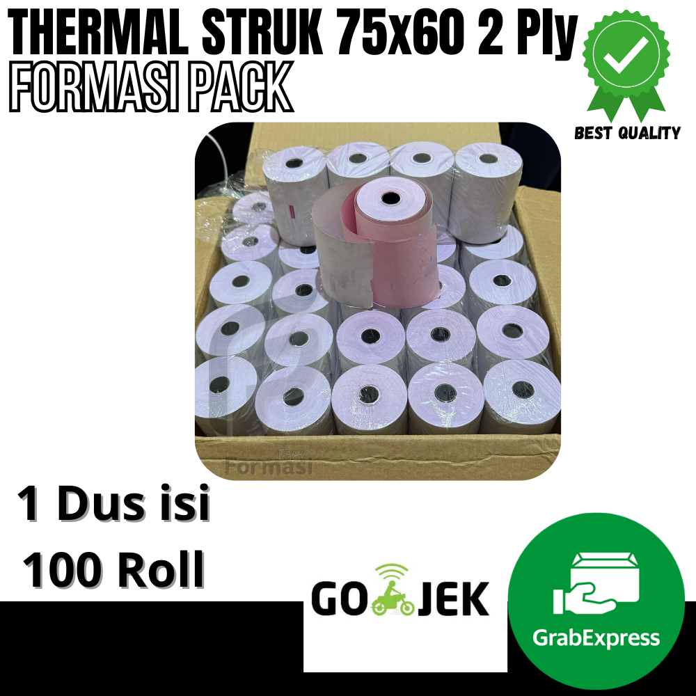 

KERTAS STRUK THERMAL PAPER ROLL 75x60 2 Ply (1 Dus isi 100 Roll )TERMAL EDC THERMAL PRINTER MINI BLUETOOTH 75x60MM