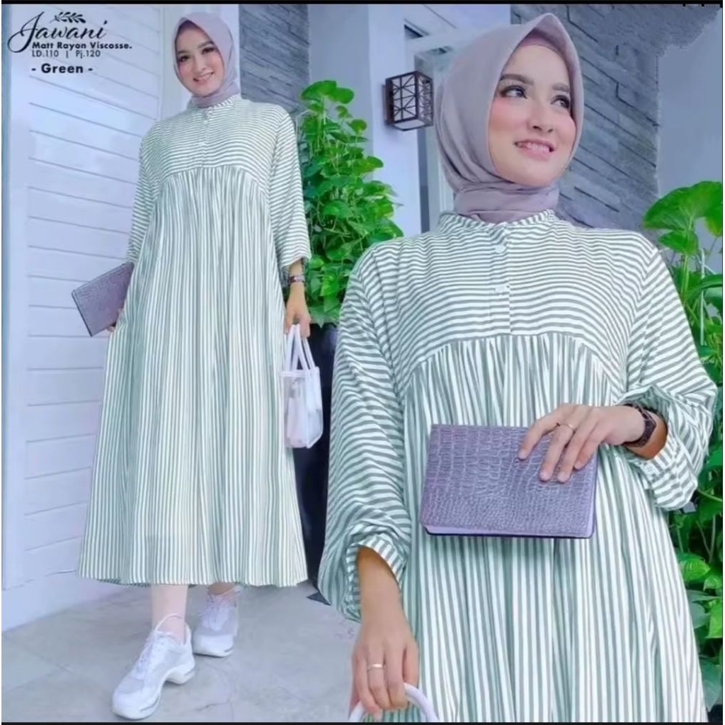 GAMIS MIDI DRESS MOTIF SALUR KATUN VISCOSE JAWANI MIDI DRESS TRENDY KEKINIAN BUSANA MUSLIM WANITA BU