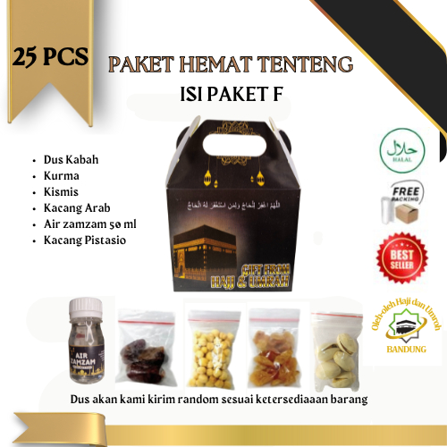 

Oleh Oleh Haji/Umroh 25 pcs Paket F Dus Tenteng, Botol+Air zam zam, Kurma, Kacang, Kismis, pistasio