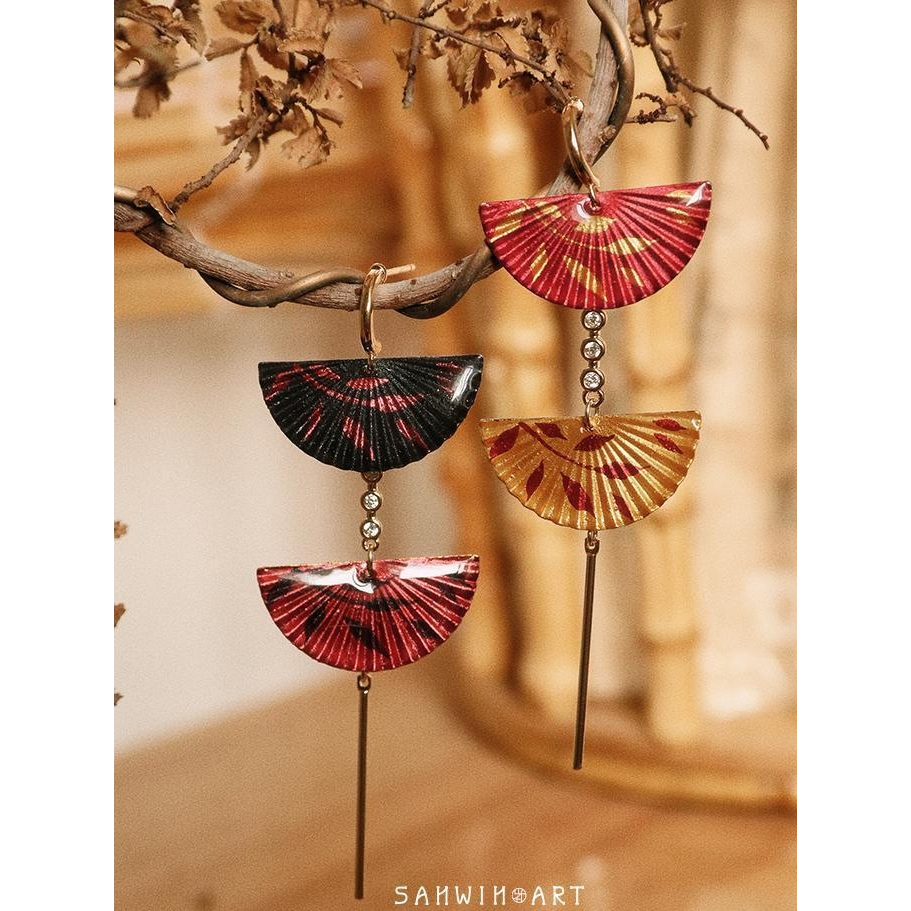 [PREMIUM]  Anting Imlek CNY/ Chinese sangjit 4 Warna Kipas Model Unik Elegant Merah Gold Black S925