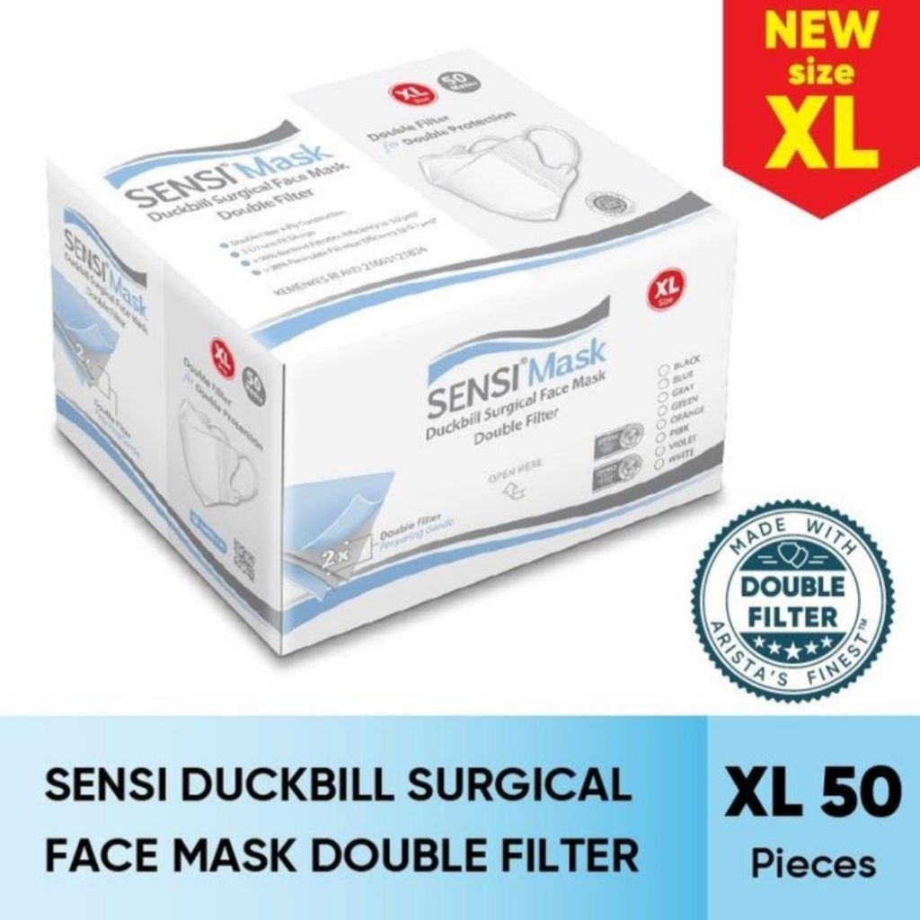 Masker Sensi Duckbill XL Surgical Face Mask XL isi 50 pcs warna putih hitam biru