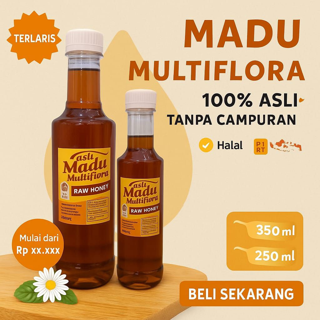 

Madu Multiflora Asli 100% Murni – Tanpa Campuran & Pemanasan | Raw Honey | Kemasan 250ml 300ml 500ml 1kg