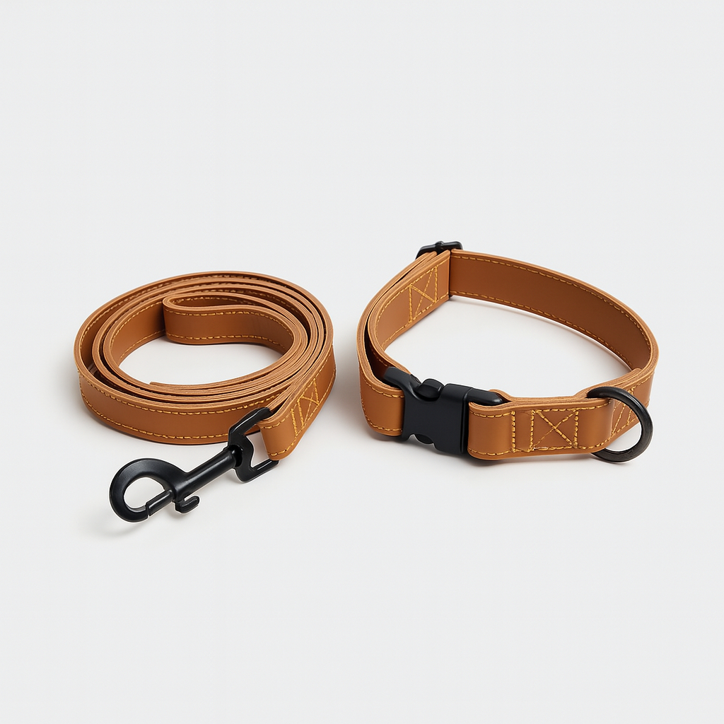 Set Kalung dan Tali Anjing Warna Coklat - Bahan Kulit PU, Gesper Plastik, Cocok Anjing Kecil Sedang 