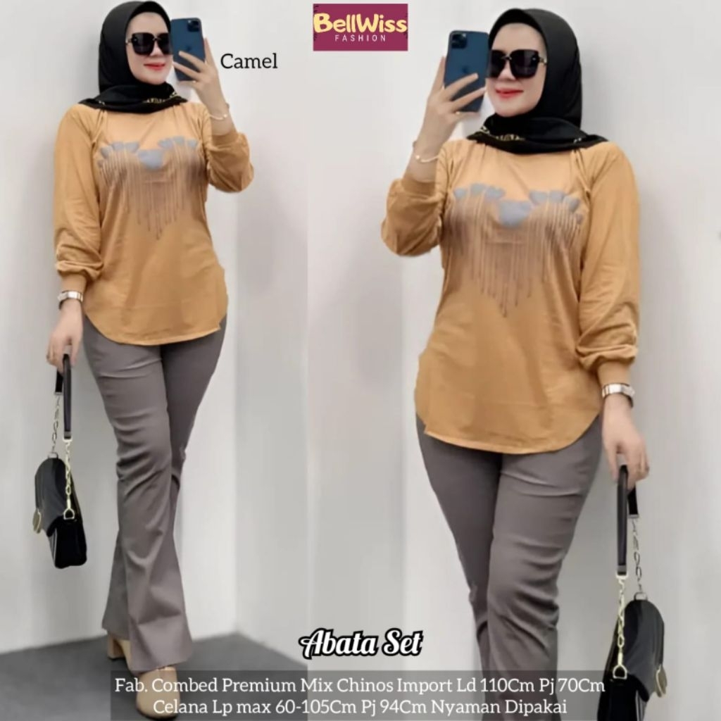 abata setelan cargo wanit by belwis tunik kaos babyterry celana highwaist kulot celana chinos wanita