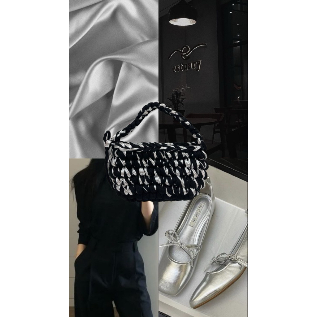 Tas Rajut Tangan Handmade - T-shirt Yarn Bag Hitam Silver Metalik Premium