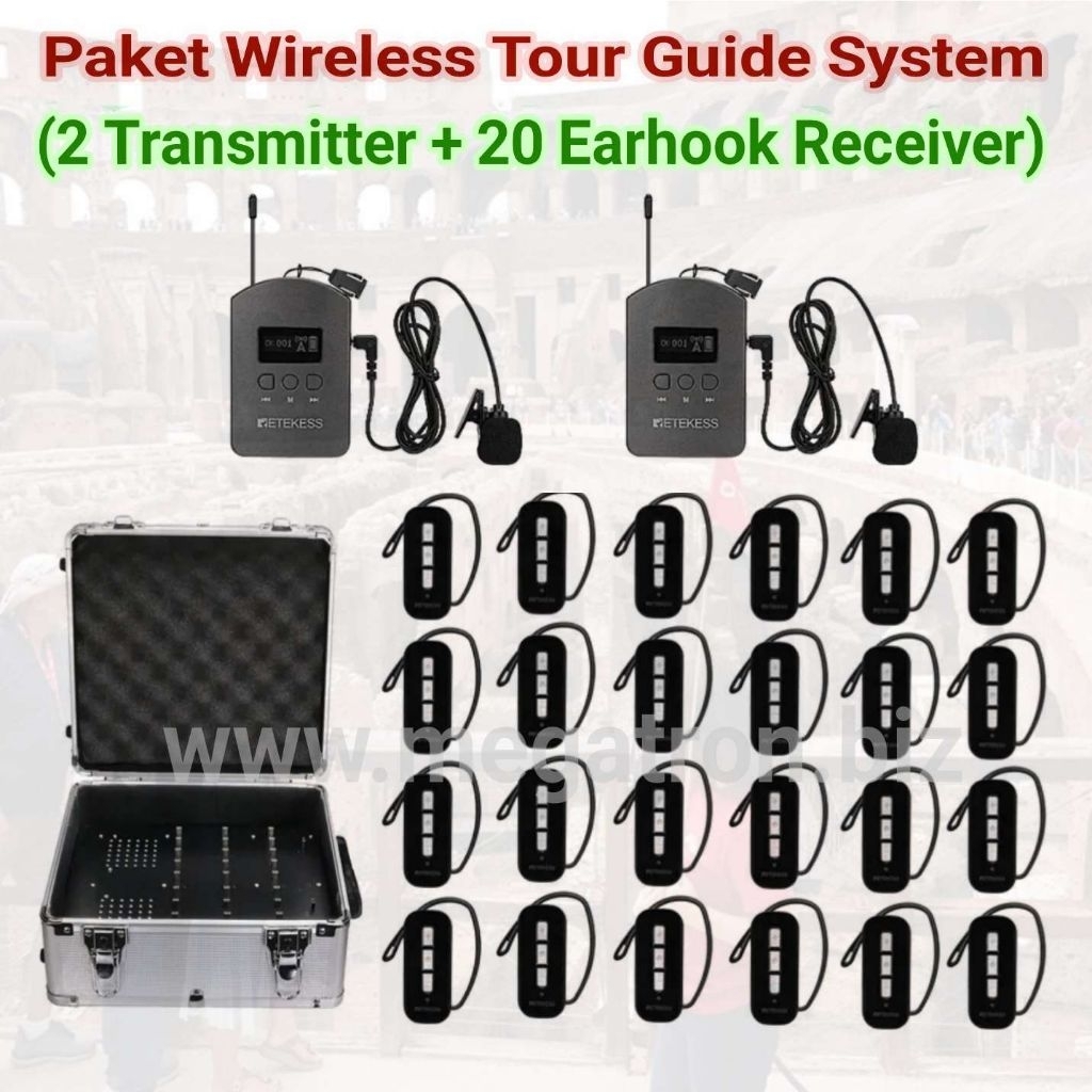 Paket Wireless Tour Guide System 2 Transmitter + 20 Earhook Receiver + koper charging