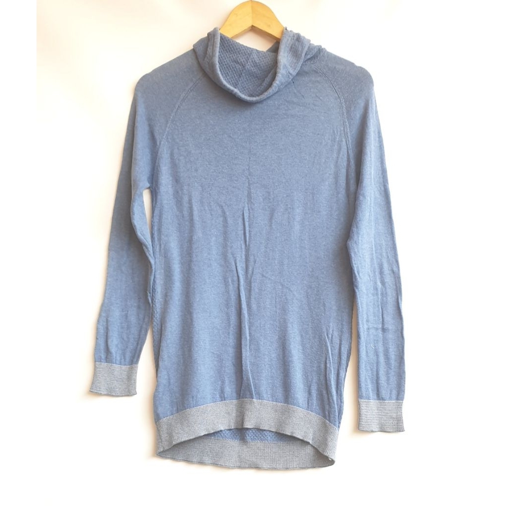 Hoodie Rajut Biru Denim Merek Zara Knutwear Lengan Panjang Kangaroo Manset Crowneck Sweater Preloved