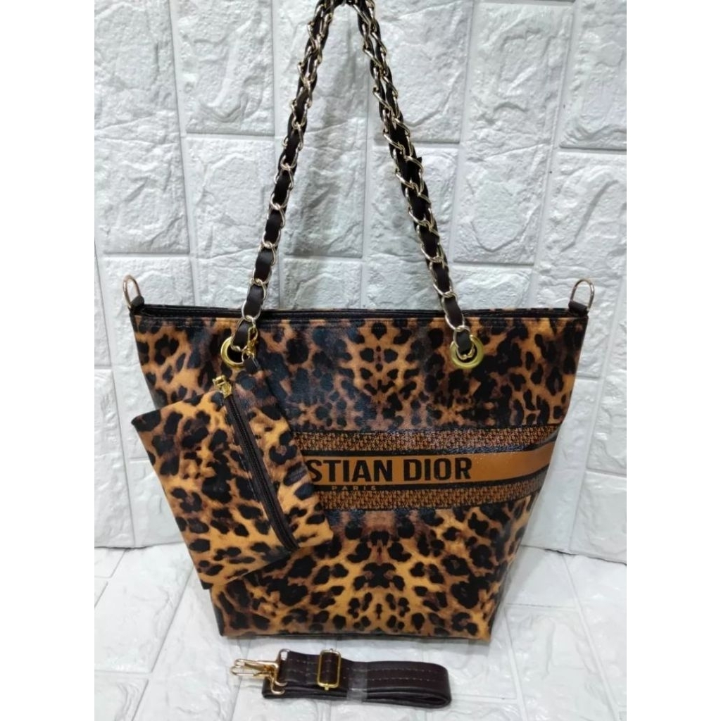 Tas Wanita Tote Bag Jinjing Bisa Slempang Anyam cd Leopard /Macan Waterproof Kekinian