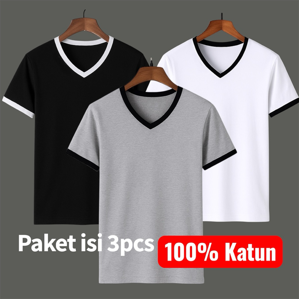kaos polos v neck pria bahan 100% cotton adem - isi 3pcs