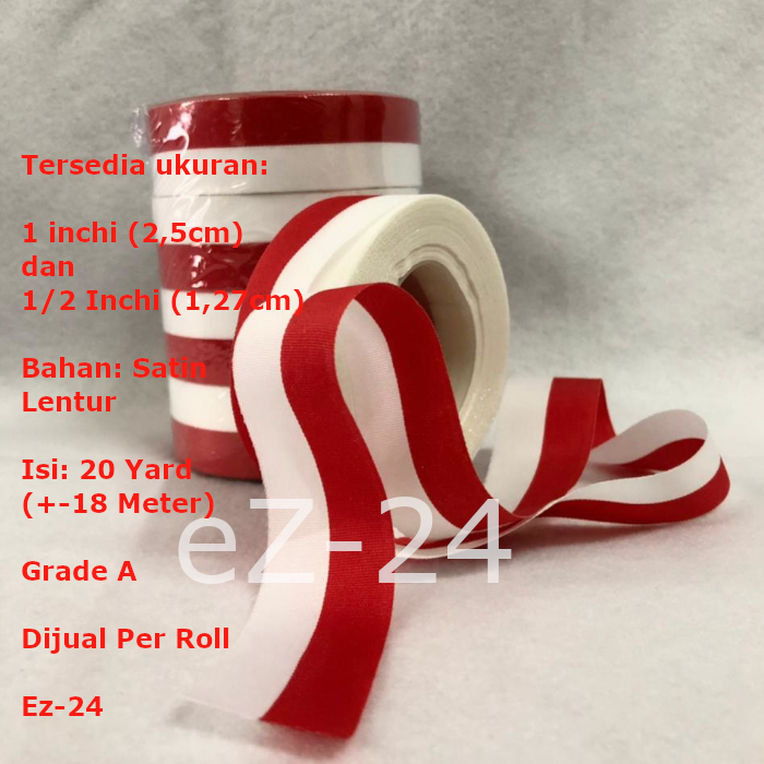 

Pita Satin Bendera Merah Putih Premium Grade A lebar 1 inchi atau 1/2 inchi (2,5cm atau 1,27cm)