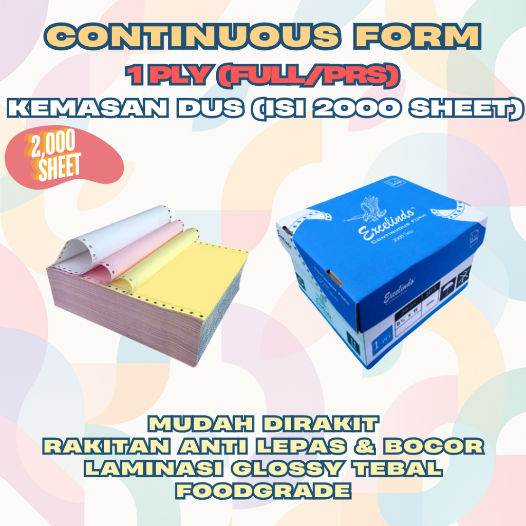 

Excelindo Kertas Continuous Form 1 ply HVS ukuran 9 1/2x11 FULL/PERFORASI/WARTEL