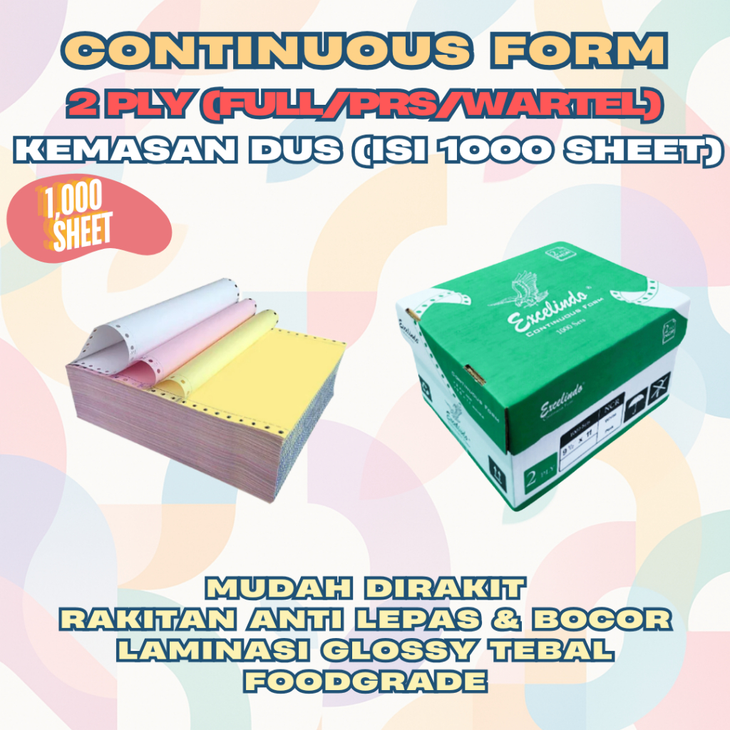 

Excelindo Kertas Continuous Form 2 ply NCR 9 1/2 x 11 Ukuran FULL/PERFORASI/WARTEL