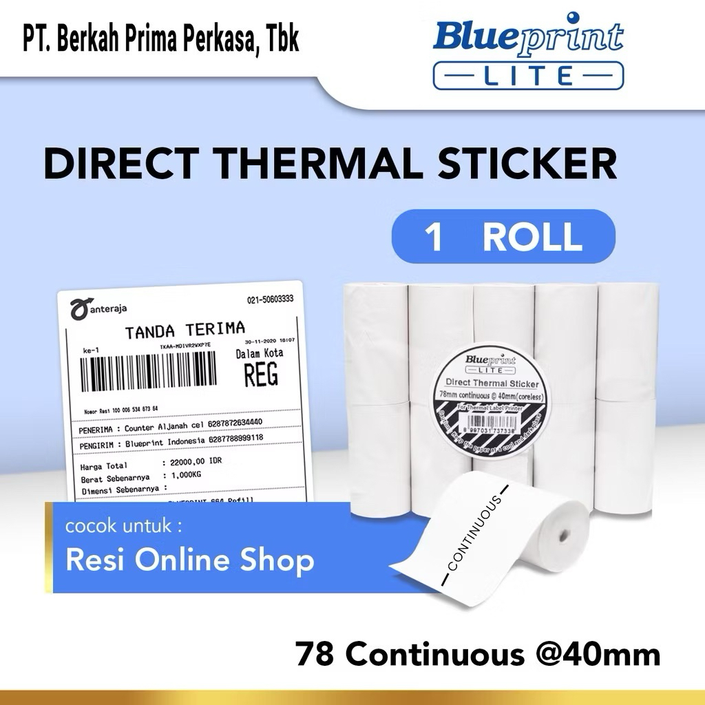 

Kertas Resi Direct Thermal Sticker Portable 78x9 Meter BLUEPRINT Lite 78 Continuous @40mm - 1 Roll