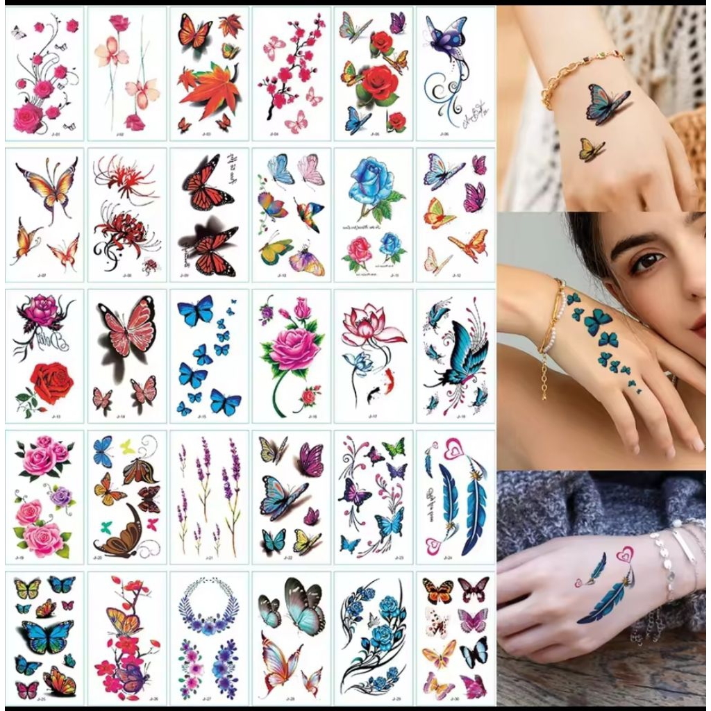 [ 10 Pcs Lembar ] Tato Temporer Temporary Tempel Gambar Kupu Bunga Cantik Imut Random Ukuran Kecil