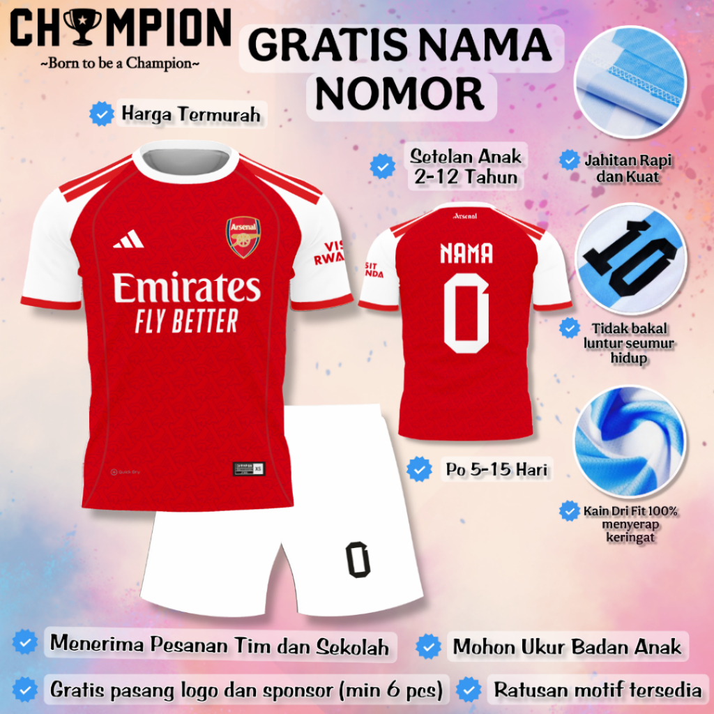 (GRATIS NAMA NOMOR) Setelan Baju Arsenal 2026 Anak / Setelan Bola Anak / Setelan Futsal Anak