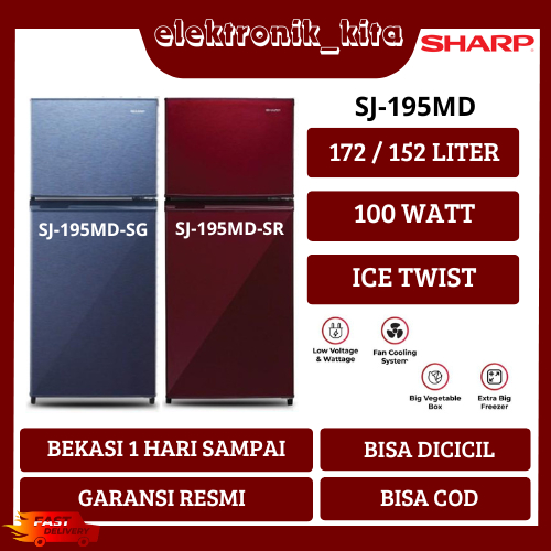 SHARP KULKAS 2 PINTU 172 LITER LOW WATT 195 SJ MD SR SJ195MDSR 195MD JUMBO FREEZER GARANSI RESMI