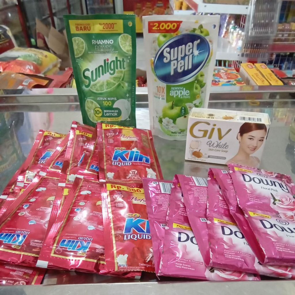 PAKET SABUN PEMBERSIH 1 (DOWNY 1 RENCENG , SOKLIN LIQUID 1 RENCENG, SABUN GIV BAR, SUPER PELL 100ML,