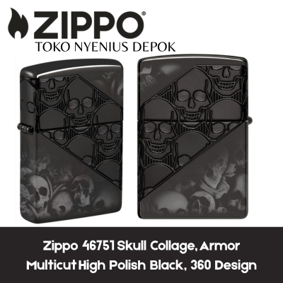 Zippo 46751 Skull Collage, Armor Multicut High Polish Black, 360 Design