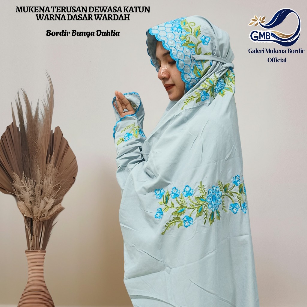 Mukena Terusan Dewasa Bahan Katun Polino Warna Biru Wardah Bordir Bunga Dahlia