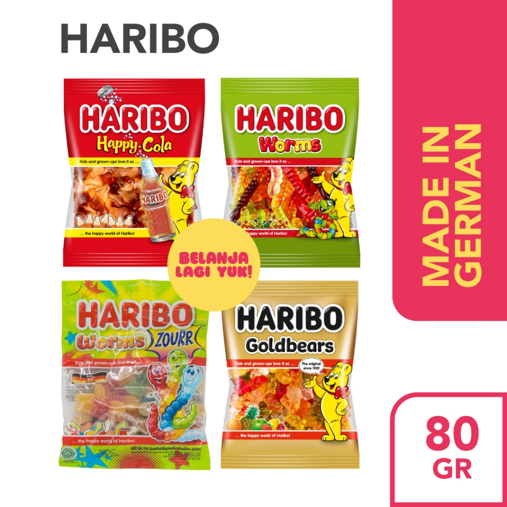 

HARIBO Gummy Candy / Permen Jelly Happy Cola Goldbears Worms Zour Sour Ori German (80gr)