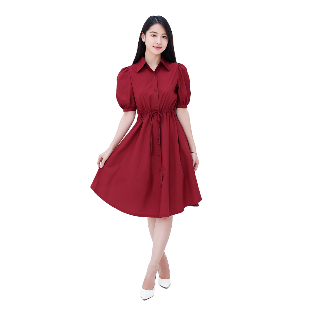 Dress Midi Wanita Lengan Balon  Leona Bahan Katun Korean Style - Valerie X MyOutfit