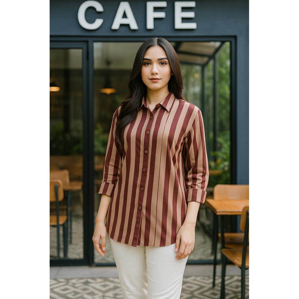 Best Atasan wanita motif garis garis/kemeja salur wanita/atasan wanita lengan panjang/kemeja wanita 