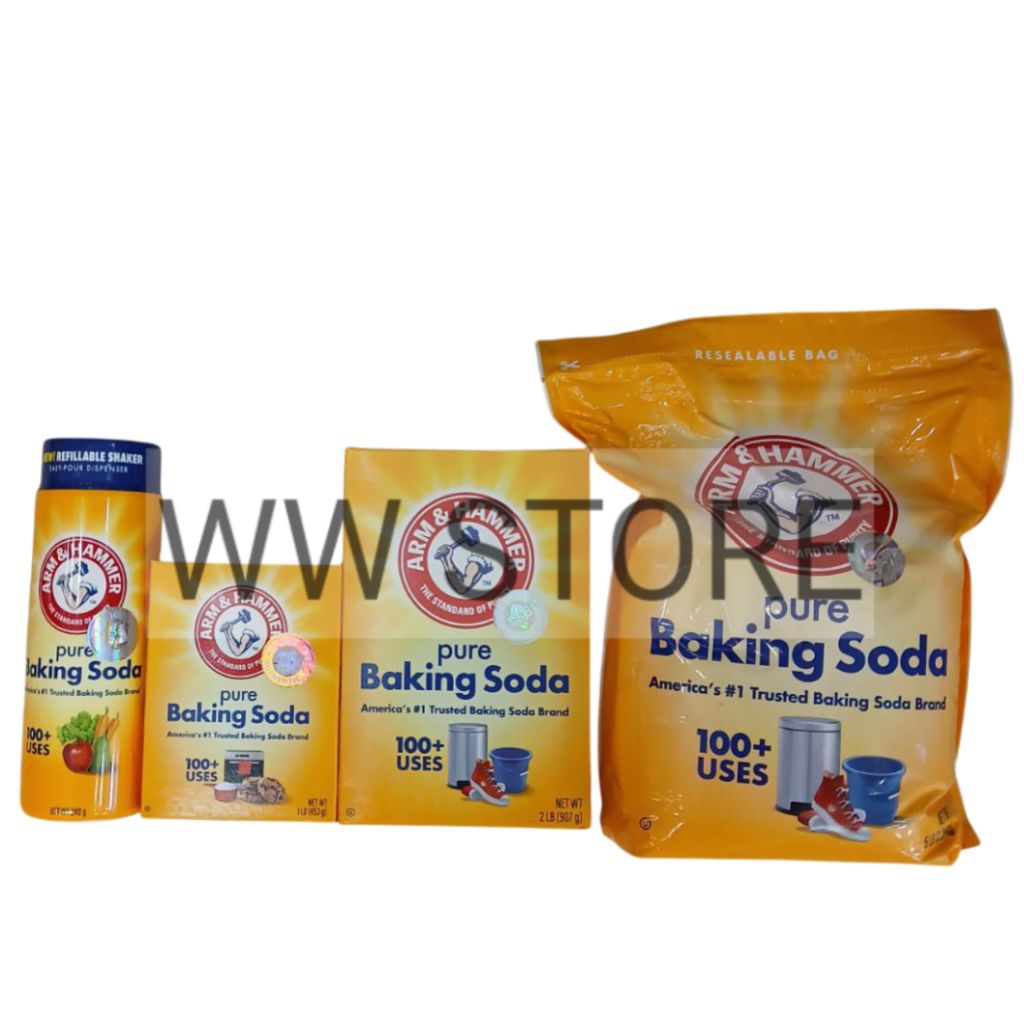 

Bahan Tambahan Pangan Pengembang Natrium Hidrogen Karbonat ARM & HAMMER Pure Baking Soda kotak box 453g 907g botol refillable easy - pour dispenser shaker 340g resealable pouch bag 2.26kg