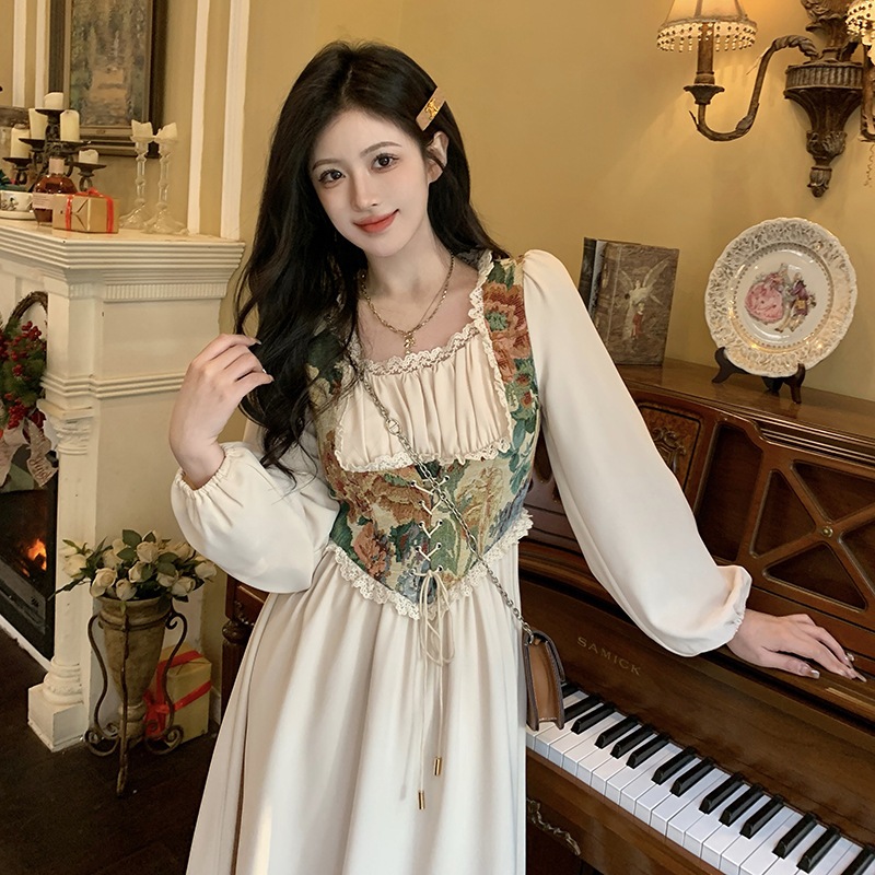 Dress Lengan Panjang Perancis Motif Bunga Retro Vintage Corset