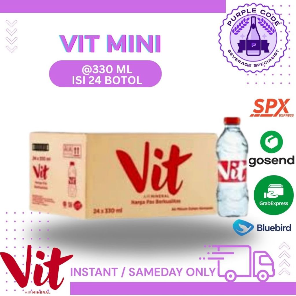 

(INSTANT READY) VIT 330 ML MINI Dus Isi 24 BOTOL Per Karton - READY VIT , AQUA , LEMINERALE, PRISTINE, CLEO, CRYSTALIN Air Minum Kemasan Botol Minuman Kardus