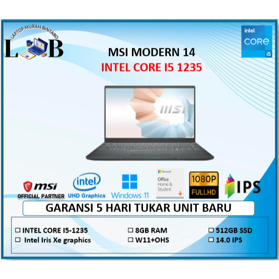 MSI MODERN 14 I5 1235 8GB 512GB W11+OHS 14.0FHD IPS BLIT, GARANSI RESMI MSI