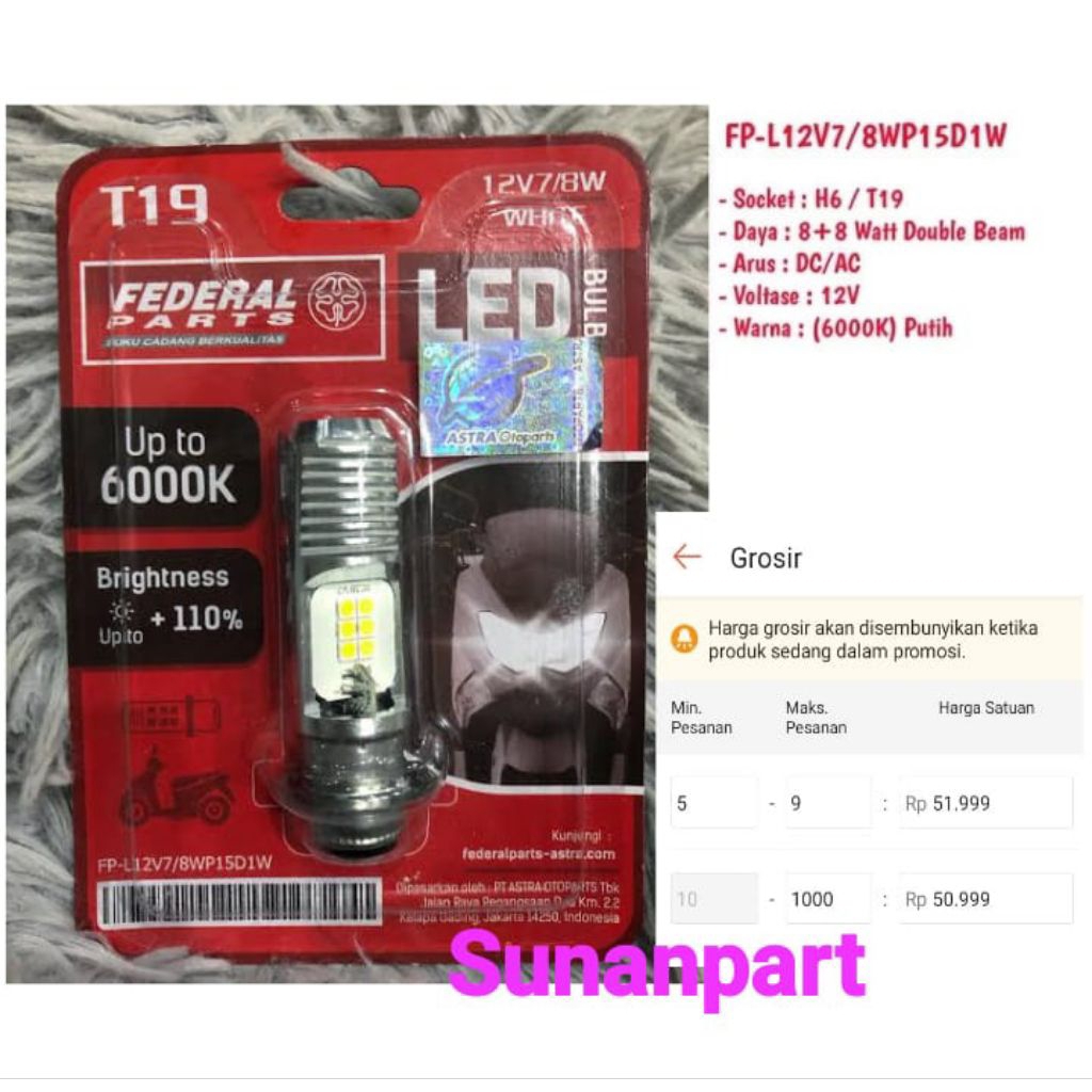 DOP BOHLAM LAMPU LED BEAT, VARIO, ALL MATIC, SATRIA FP-L12V7/8WP15D1W FEDERAL PARTS ASTRA ORIGINAL