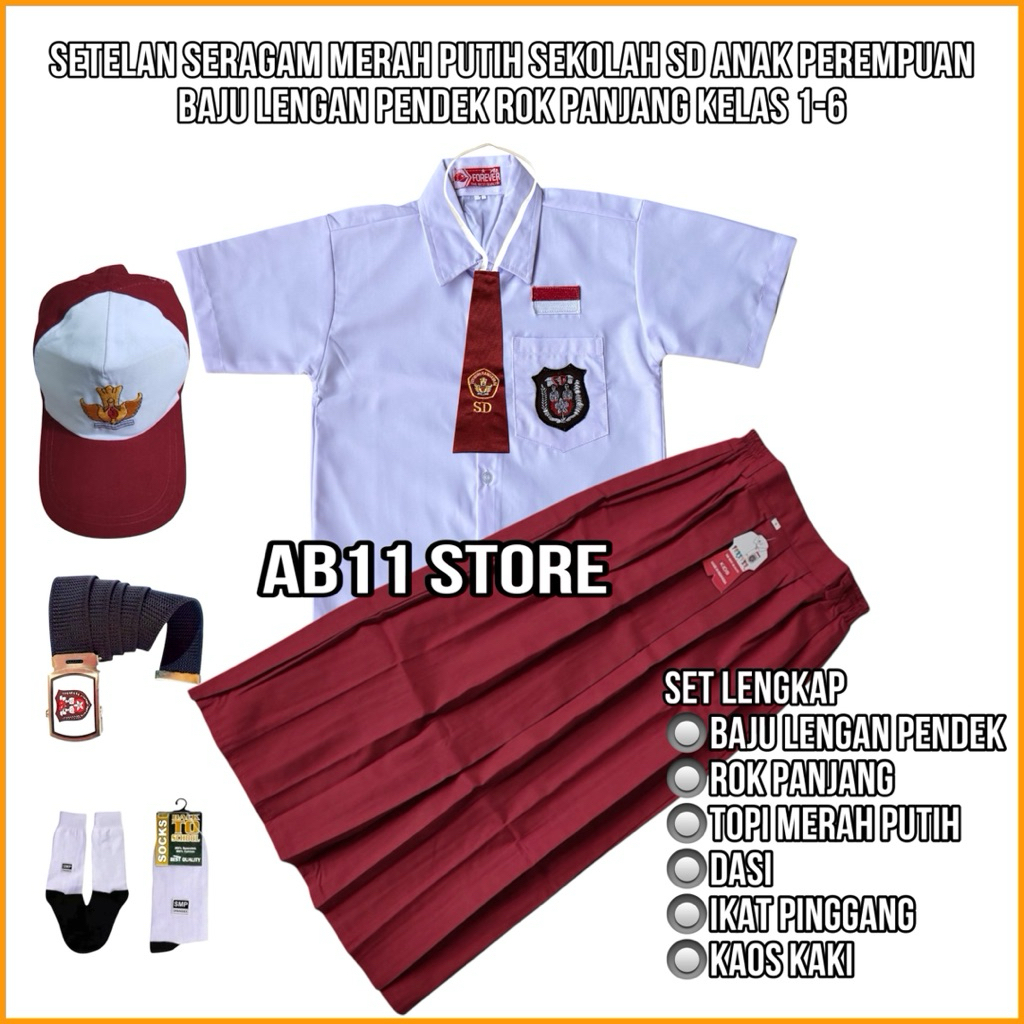 setelan seragam merah putih sekokah SD perempuan baju putih lengan pendek rok merah panjang / pakaia