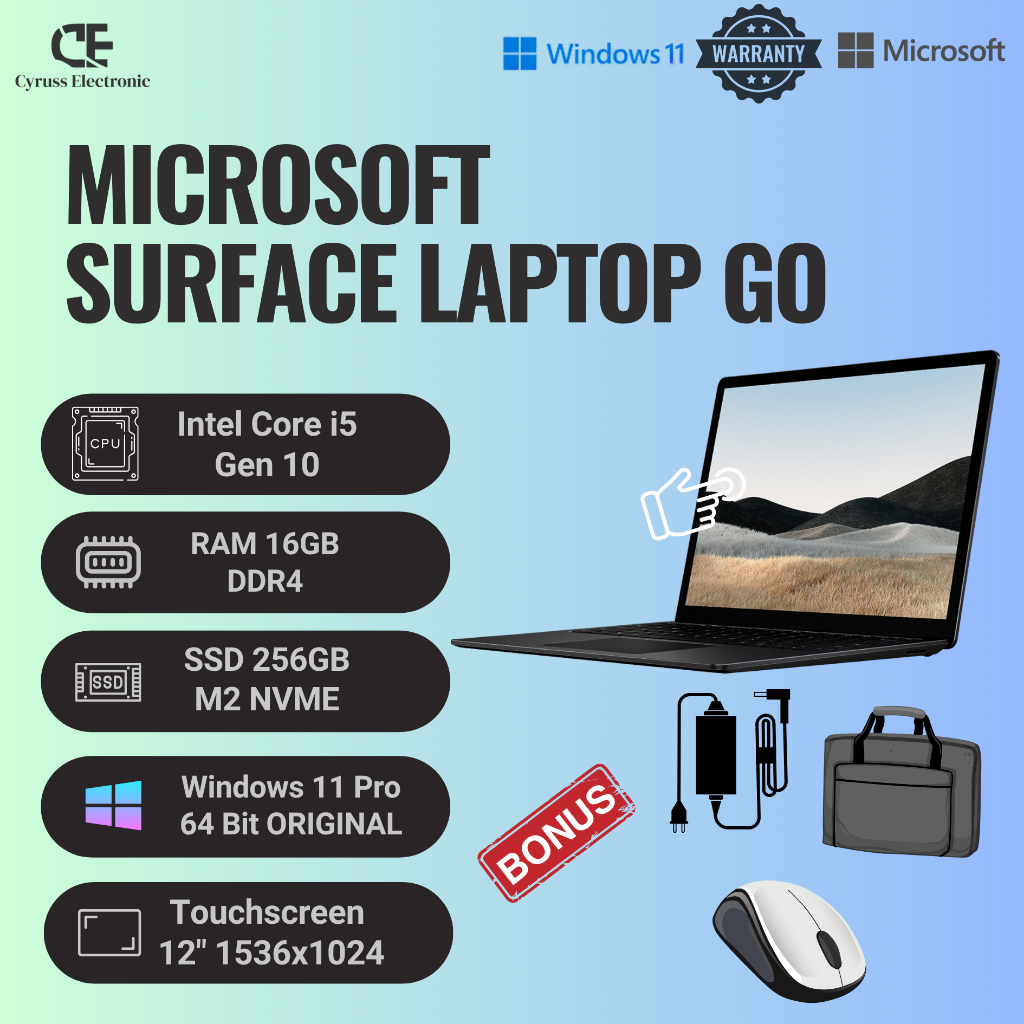 LAPTOP MICROSOFT SURFACE GO INTEL CORE I5 GEN 10 TOUCHSCREEN RAM 16 GB SSD 256 GB SECOND MULUSS