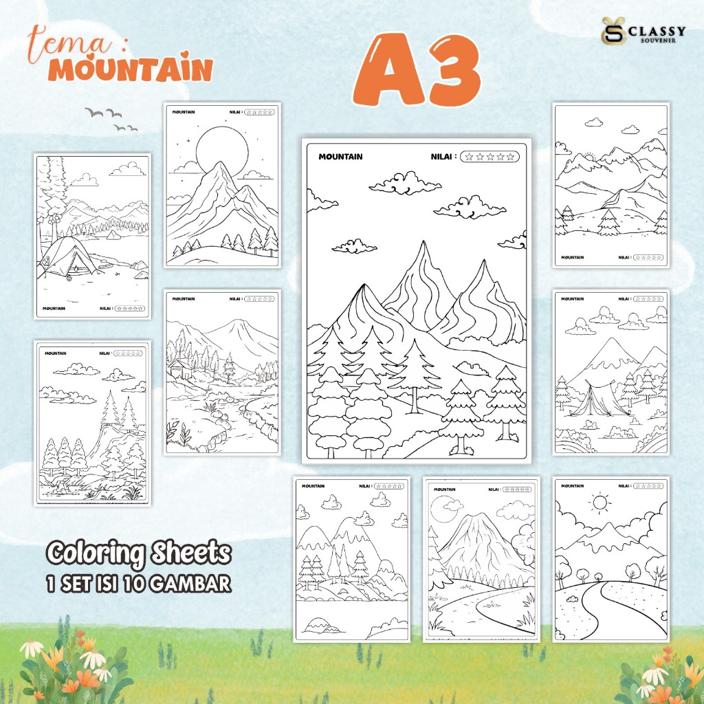 

LEMBAR GAMBAR MEWARNAI ANIMASI ANAK 1 SET ISI 10 GAMBAR - [TEMA MOUNTAIN] - COLORING SHEETS FOR KIDS A3