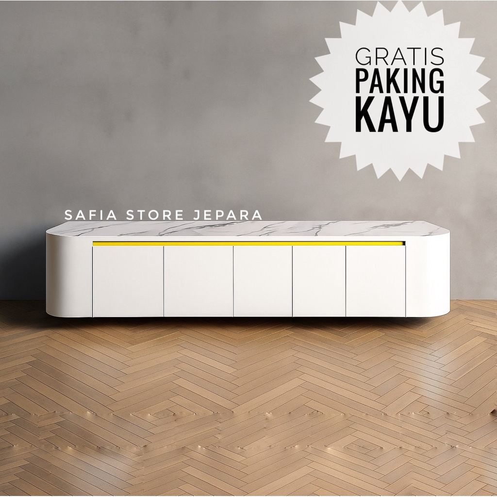 Meja TV Gantung Putih Marmer Minimalis – Cocok untuk Rumah Modern