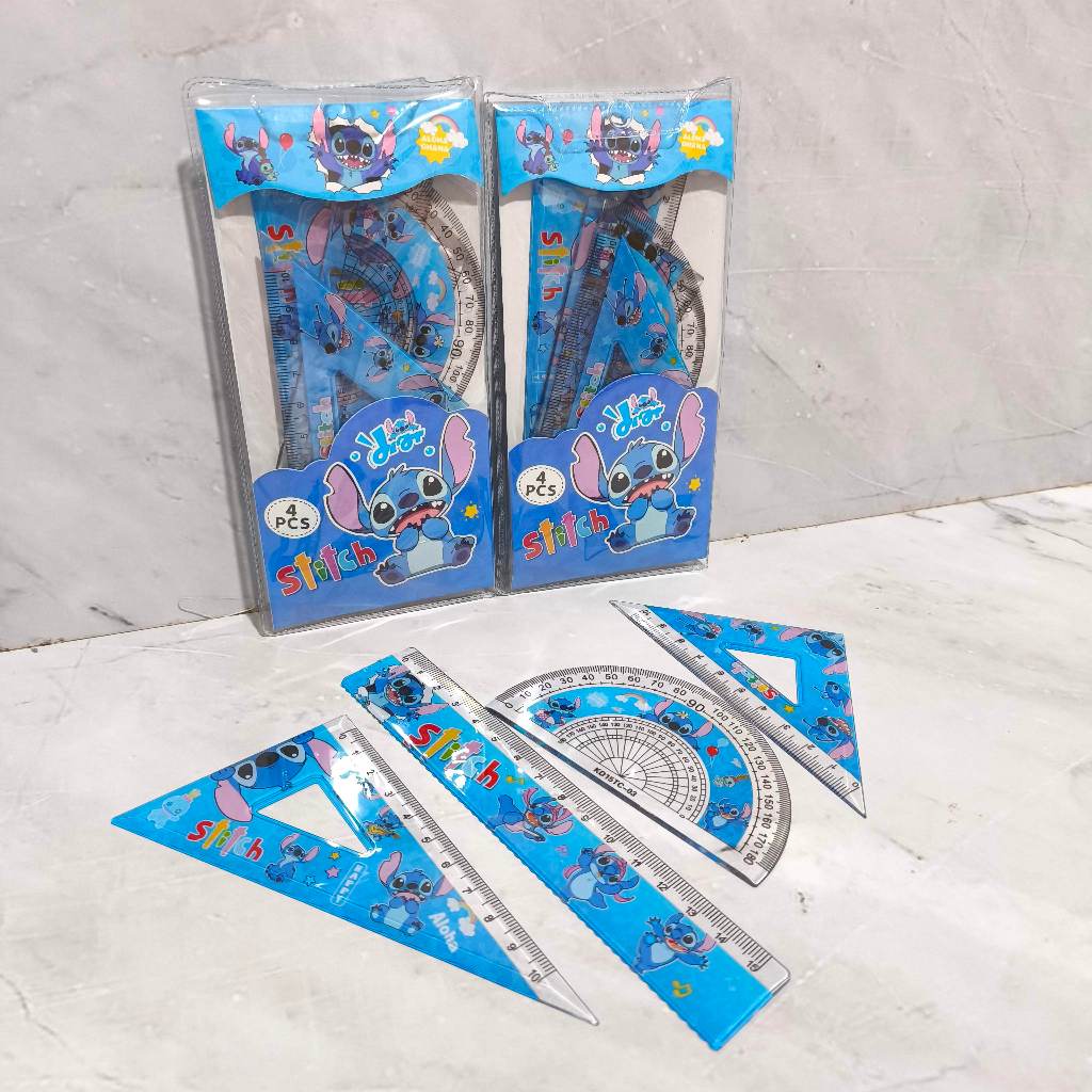 

Penggaris Set isi 4 Lucu Segitiga Busur Derajat Penggaris Stensil Motif Karakter Stitch / Cute Ruler Set Stitch Blue Dog Character Protractor Triangle