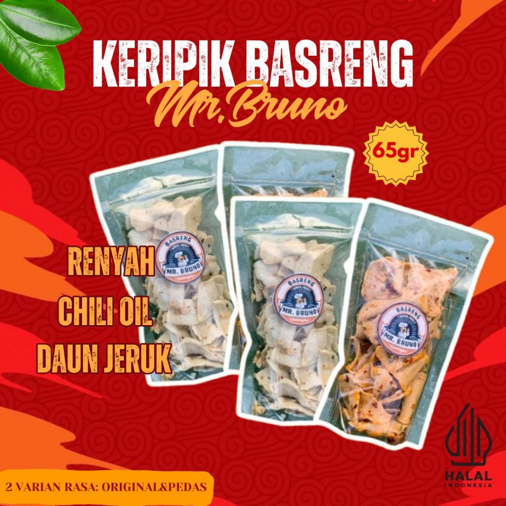 

Keripik Basreng Mr. Bruno Renyah Chili Oil Daun Jeruk Taburan Kacang 65gram