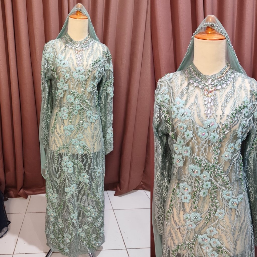 Slimdress pengantin / gaun pengantin slim warna hijau wardah / sage green full payet