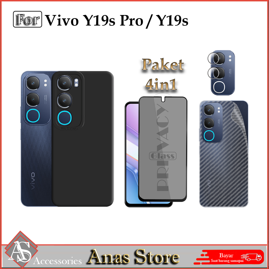 Paket 4IN1 Softcase Vivo Y19s Pro / Vivo Y19s case casing black tempered glass anti spy ESD