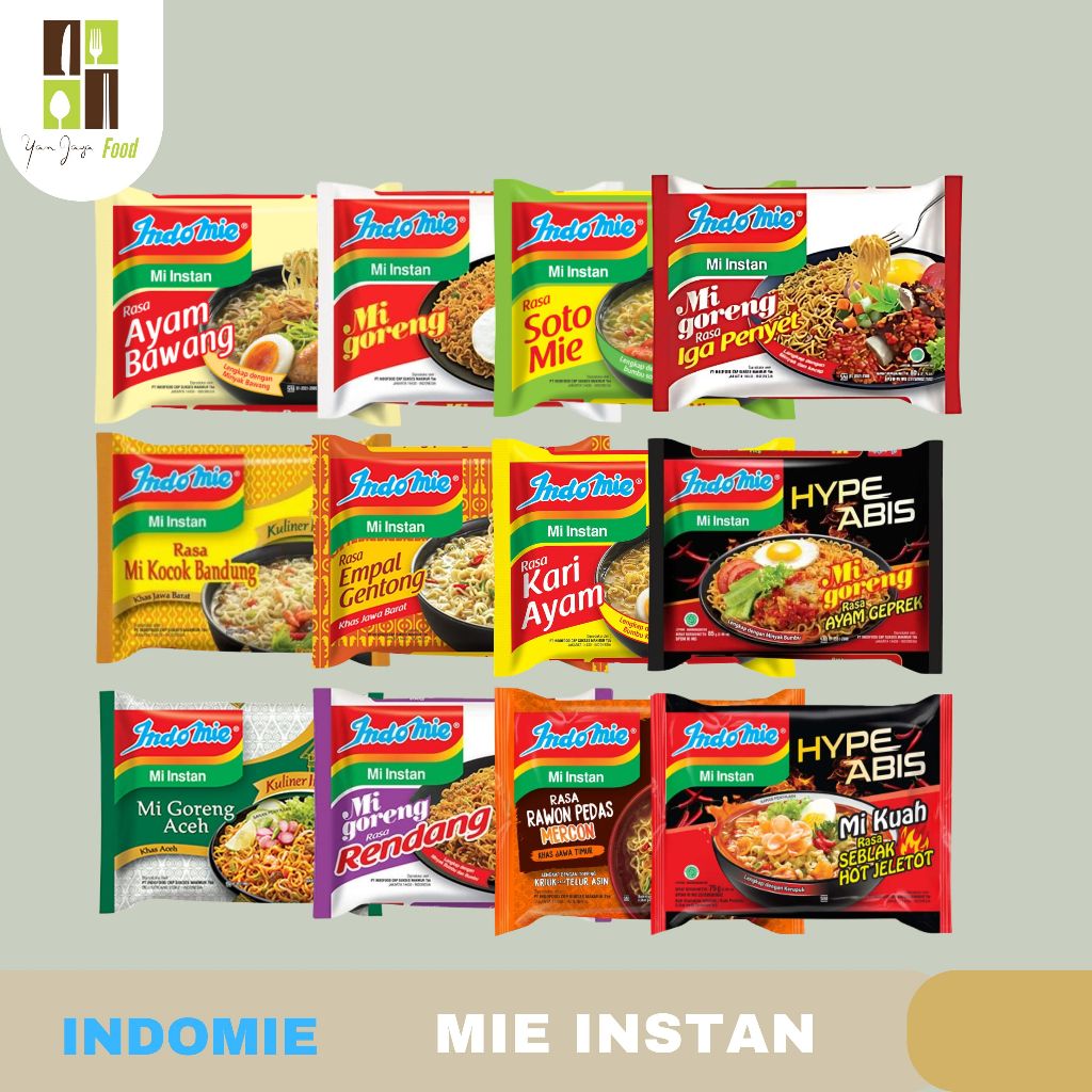 

Indomie Mie Instan Goreng / Kuah - Mi Instan Rasa Ayam Bawang / Soto Mie / Ayam Geprek / Mie Rendang / Mie Aceh / Mie Kocok Bandung / Mie Empal Gentong / Mie Seblak Hot Jeletot / Iga Penyet / Kari / Rawon Pedas Mercon