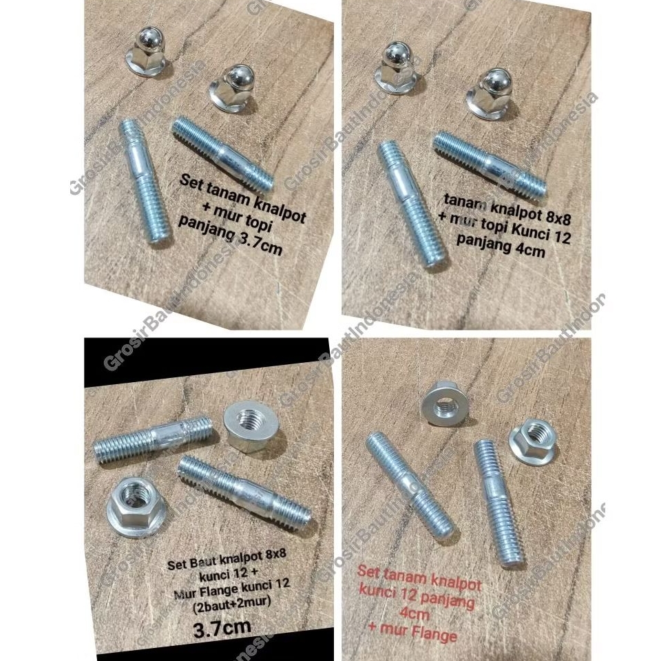(2baut+2mur) Baut Tanam Knalpot Yamaha Kunci 12 M8x8 Panjang 3.7cm dan 4cm + Mur Flange/ mur topi ku