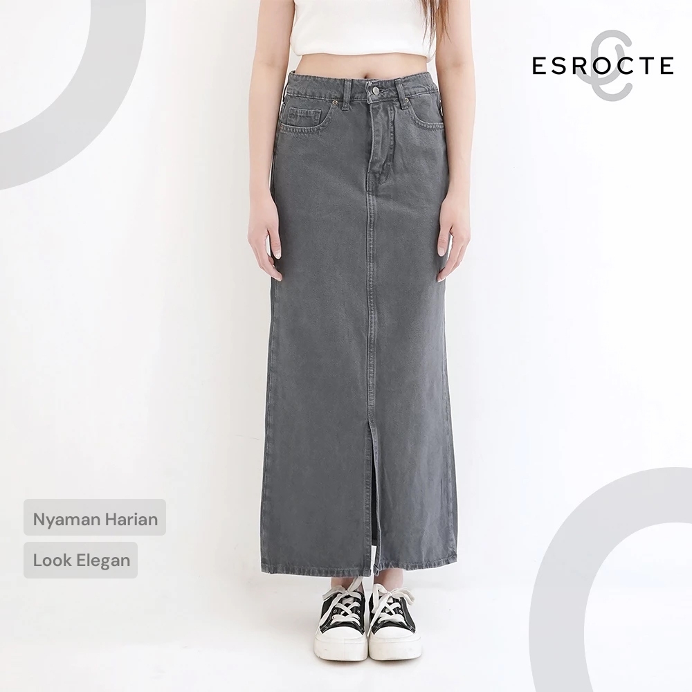 ESROCTE Keira Skirt | Rok Span Jeans Belah Depan High-Waist Wanita –Ash Grey– 26-38