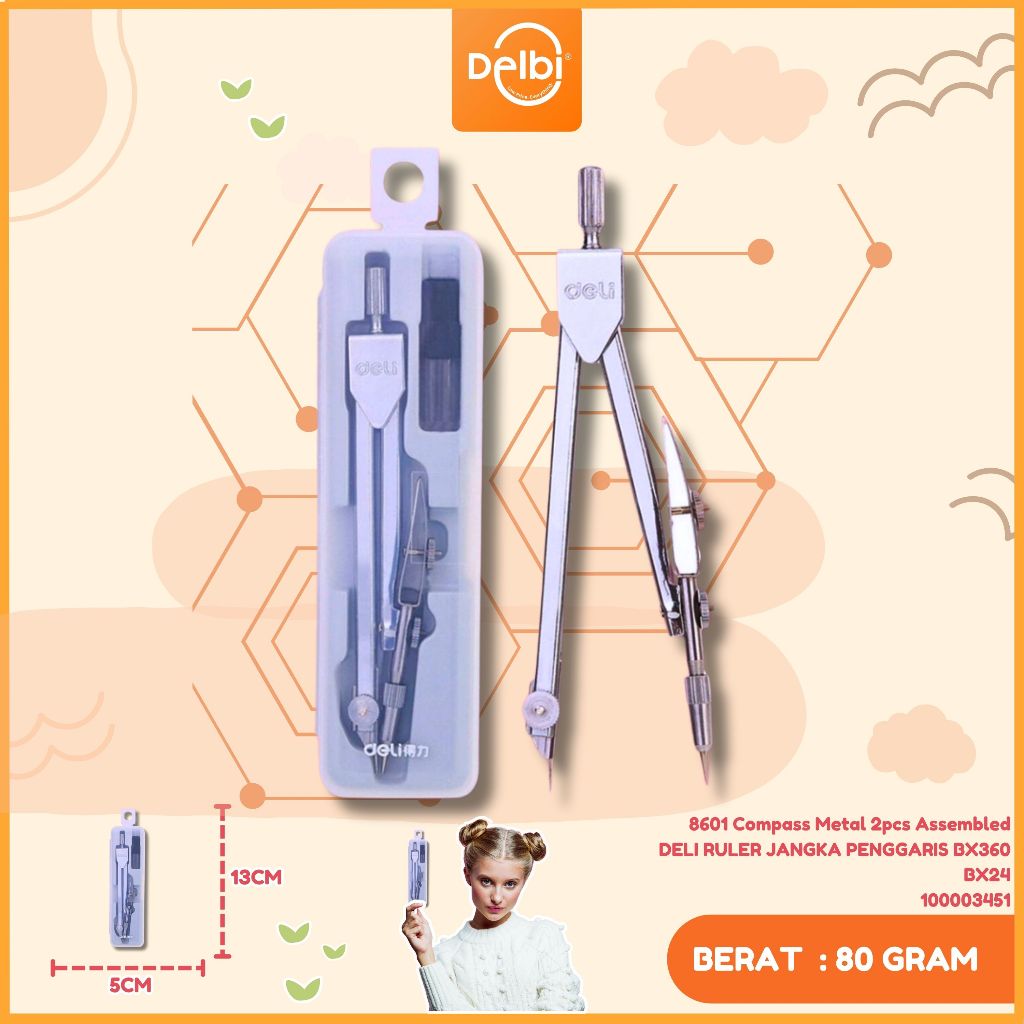 

Deli Compass / Jangka Set 2 in 1 - 8601 COMPASS METAL 2PCS ASSEMBLED COMPASS