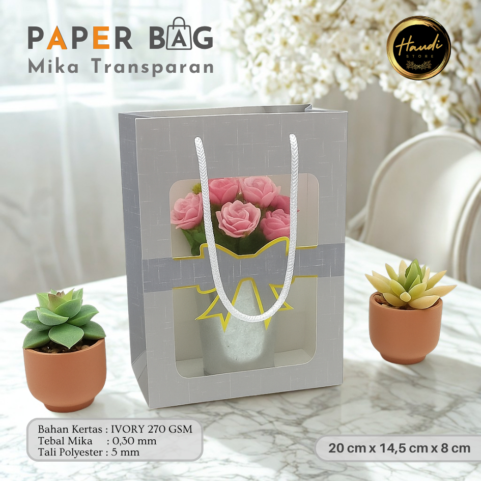

Paper Bag Mika Transparan Abu-abu Hampers Bouquet Bag Flower Goodie Bag Mika