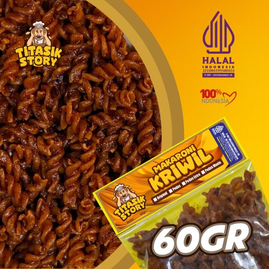 

60gr Makaroni Kriwil Titasik Story - BPOM P-IRT 8053206110622-29 - HALAL ID32110020642561024