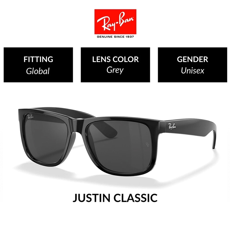 NEW 100% Original Ray-Ban Kacamata Hitam Justin RB4165 Sunglasses Black pria wanita Ori Grey Light