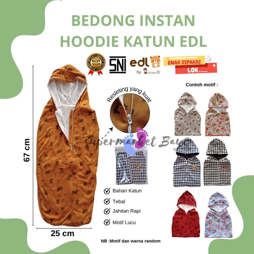 Bedong Instan Katun Hoodie EDL / Bedong Bayi Instan / Baju pakaian selimut bayi ANTI ALERGI BEST SEL